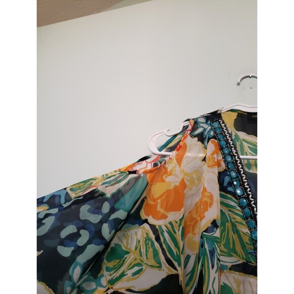 Melissa Paige Womens S Tunic Top Cold Shoulder Parrot Boho Beaded Floral Sheer - Picture 5 of 8